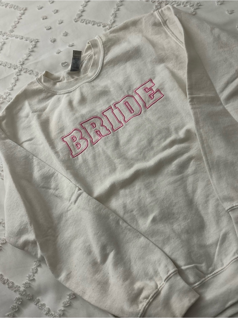 Gildan White Crewneck Sweatshirt with Pink 'BRIDE' Embroidery